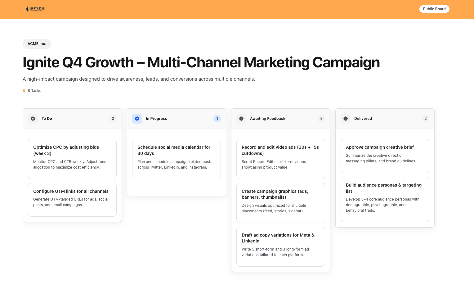 Swooche client portal dashboard showing project status and progress